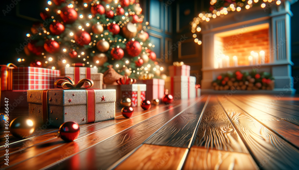 Poster christmas tree with gifts and illuminated fireplace creating a warm holiday environment. generative 