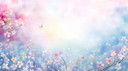 Fototapeta na wymiar Magic pastel water color painted tender Easter spring flowers shimmering copyspace festive holiday background