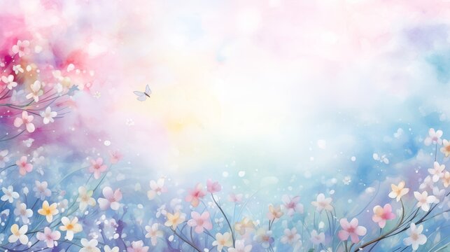 Magic pastel water color painted tender Easter spring flowers shimmering copyspace festive holiday background