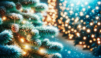 Obraz na płótnie Canvas Snow dusted Christmas tree branches lit by warm lights against a bokeh effect background. Festive mood concept. Generative AI