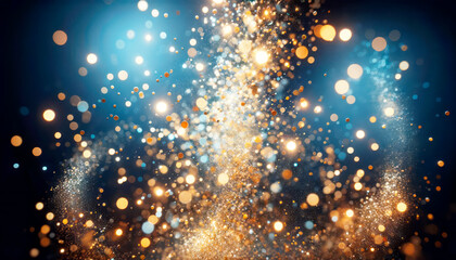 Golden glitter and bokeh lights merge for a magical holiday backdrop. Generative AI