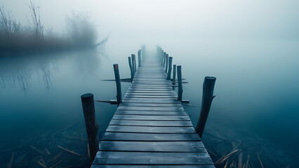 Fototapeta premium The wooden bridge in the lake in spring with a blue lake.