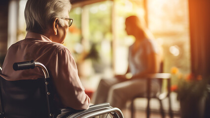 Senior or elderly old lady woman patient sitting on wheelchair at nursing hospital ward.