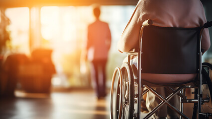 Senior or elderly old lady woman patient sitting on wheelchair at nursing hospital ward. - obrazy, fototapety, plakaty
