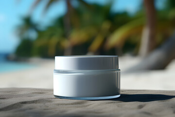 Mock up of cosmetic cream jar on the blurred background of the tropical sea coast as skin care product presentation