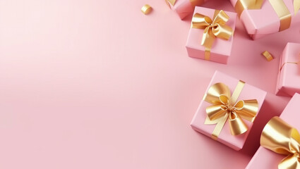 Obraz na płótnie Canvas Gifts on pink background with gold ribbon. New Year's gifts or birthday gifts.