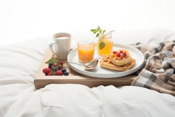 Fototapeta na wymiar Breakfast in bed isolated on white background 