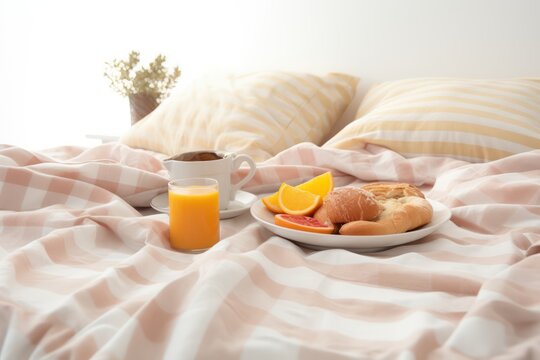 Breakfast in bed isolated on white background