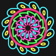 Mandala neon colorful circle on black background