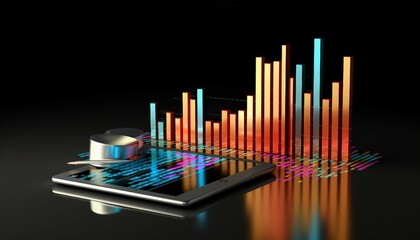bar graph, tablet and report paper isolated on black, Tablet PC with Stock Chart on 3D Rendered Screen, Steady Revenue Growth