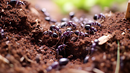 Anthill Closeup, Group of Ants, Soil Habitat, Ant Colony, Insect Macro Photography, Underground Ant Society, Soil Dwellers, Ant Workers, Tunneling in Soil, Insect Closeup - obrazy, fototapety, plakaty