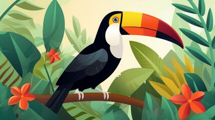 A toucan bird with a large beak in the jungle sits on a branch.