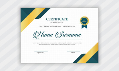 Blue and gold certificate of achievement template with classic frame and modern pattern . 