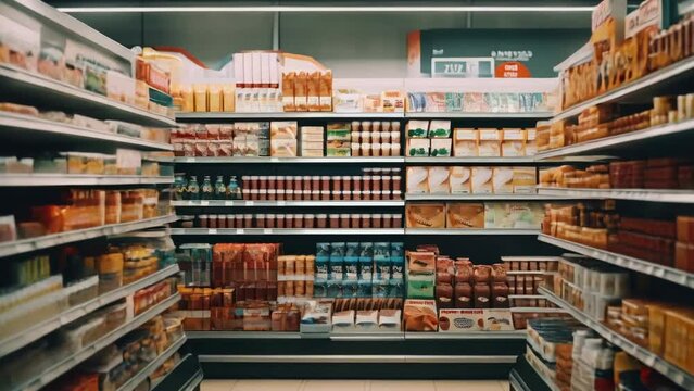 Many different products on supermarket shelfs. Grocery store aisle. Lots of food goods at market. Fresh meals buying at hypermarket. No people. Retail sale. Merchandise assortment. People buy stuff.