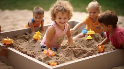 Small Kids Playing Together in a Sandbox with plastic Toys - obrazy, fototapety, plakaty