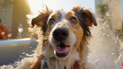 Fluffy wet dog enjoy warm water and bubbles bathing in foamy bathtub in bathroom closeup. Cute puppy take shower close up. Funny nice terrier muzzle. Pet owner wash doggy. Grooming salon concept.