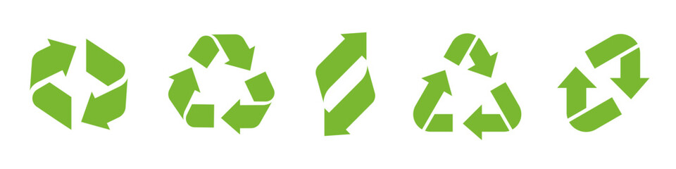 Recycle vector icon set. Reuse cycle symbol. Recycle eco green arrows, heart and leaf. Rounded angles. Recycled signs isolated on white background.