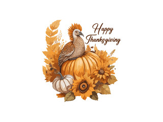 turkey with fall pumpkin and sun flowers illustration , Png Clipart.
