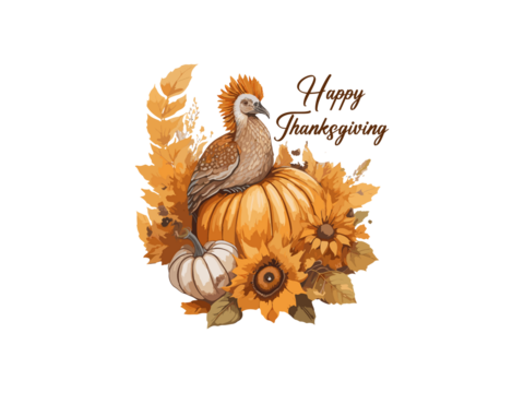 turkey with fall pumpkin and sun flowers illustration , Png Clipart.