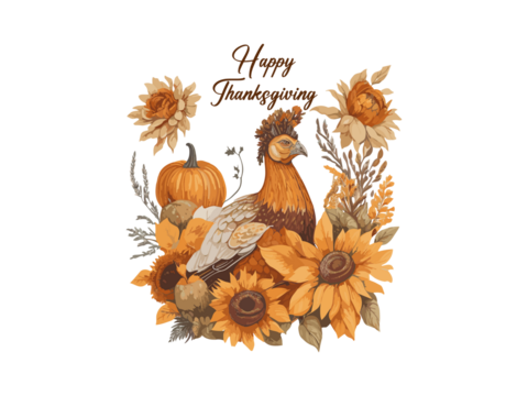 turkey with fall pumpkin and sun flowers illustration , Png Clipart.