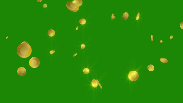 Spinning coins rain on green screen background. Gold coins winning bonus landscape 16x9 format. 4K resolution video 3840x2160