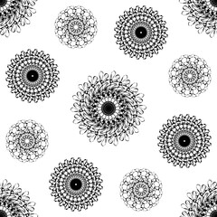 Seamless pattern with circle shaped snowflakes-like flowers. Hand drawn vector illustration.