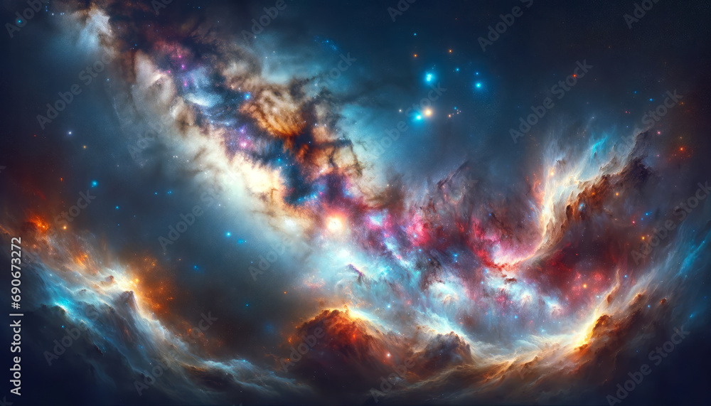 Poster nebula and star formation, interstellar cloud in deep space. generative ai