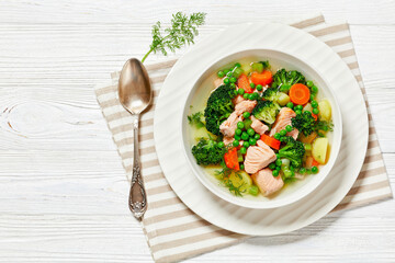 salmon, veggies and green herbs soup in bowl