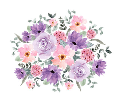 purple pink floral watercolor bouquet