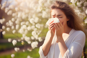 Pollen allergy concept with sneezing woman in fornt of blooming trees with white spring flowers
