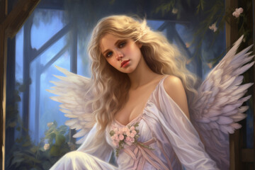 Obraz premium An angel comes to life in the ethereal strokes of oil painting, adorned with the holy golden light and magnificent wings, set against a background of glittering bokeh. Generative AI.