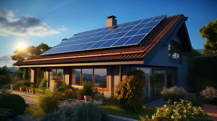 A House with Solar Panels on the Roof in Countryside