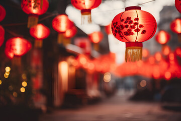 Red Chinese lanterns adorn the city streets, adding a festive glow to the New Year celebrations - obrazy, fototapety, plakaty