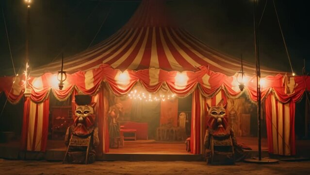 Colorful circus tent at night. Fun festival carnival show. Mystery spooky fair. Yellow and red stripes. Beautiful magical lights. Weird fancy retro performance park. Halloween horror party outdoors.