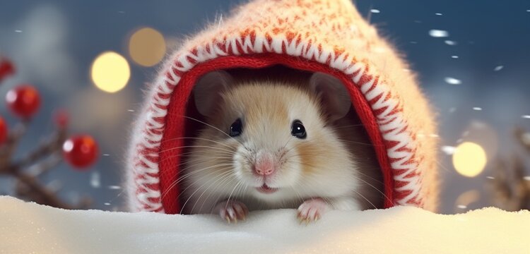A cute hamster, in a cozy winter coat and a festive red stocking cap, peeks out from a snow-covered burrow, bringing a sense of warmth to the chilly winter scene.