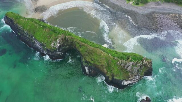 Drone, landscape and nature with sea, island and outdoor with hill, mountain and sustainability in environment. Beach, ocean and waves with shoreline, rocks and ecology at Coffee Bay in South Africa