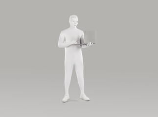 Incognito man figure in bodysuit standing and working on a laptop isolated on grey studio background. Full length portrait of faceless unrecognizable person wearing white spandex costume.