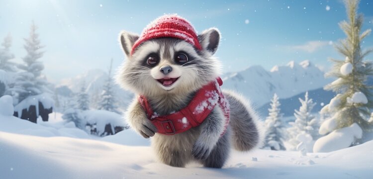 A cute raccoon, dressed in a snug winter coat and a playful red stocking cap, explores a snowy wonderland, hopping and skipping over snow-covered rocks. 