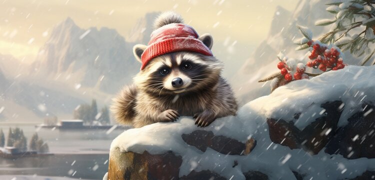A cute raccoon, dressed in a snug winter coat and a playful red stocking cap, explores a snowy wonderland, hopping and skipping over snow-covered rocks. 