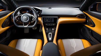 Interior view of a luxury sports car with high-tech dashboard.