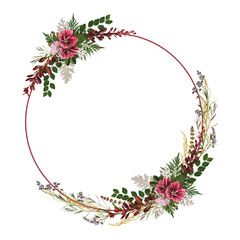 Circle flower frame, wreath. Vintage floral arrangement with flowers and herbs isolated on white...
