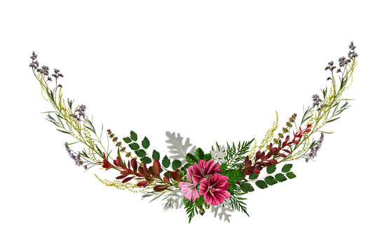 Vintage flower arrangement with wildflowers and herbs in the form of a half circle. Floral summer composition for wreaths, corner designs, wedding invitations and cards.