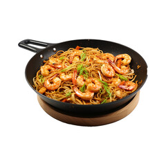Cooked noodles with shrimps on white transparent background