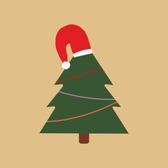 X-mas tree with red hat. Symbol of New Year. Christmas time card.