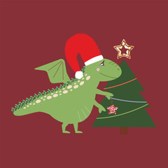 Symbol of New Year 2024. Cute dragon and x-mas tree. Zodiac cartoon character. Funny dragon with x-mas tree. Sequin elements. Cute illustration for the poster, card, print, textile.