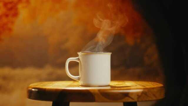 Hot coffee mug in the morning. Delicious drink to start the day. Steaming hot beverage.