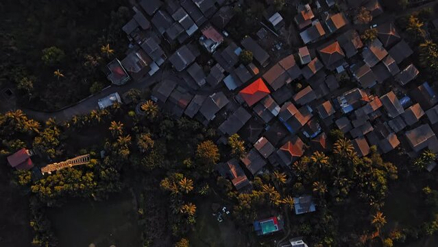 Aerial shot of a beautiful Village Mandwa near Alibuag captures the top traditional homes and the surrounding palm or coconut trees.  