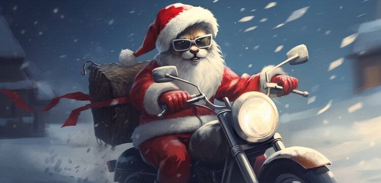 A delightful picture of a wolf on a scooter, its hat playfully larger, cruising through a snow-covered landscape, adorned in a snug winter coat and a red stocking cap with a fluffy white pom pom