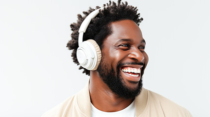 Handsome bearded black man wearing headphones, listening to music isolated on white background. Banner design. Listening to music.
 - Powered by Adobe