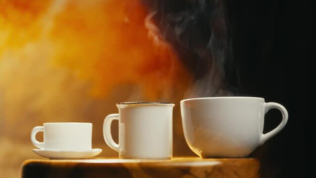 Hot coffee mug in the morning. Delicious drink to start the day. Steaming hot beverage.